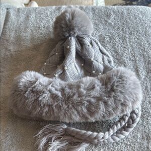 Cozy Gray Knit Hat with Faux Fur Trim